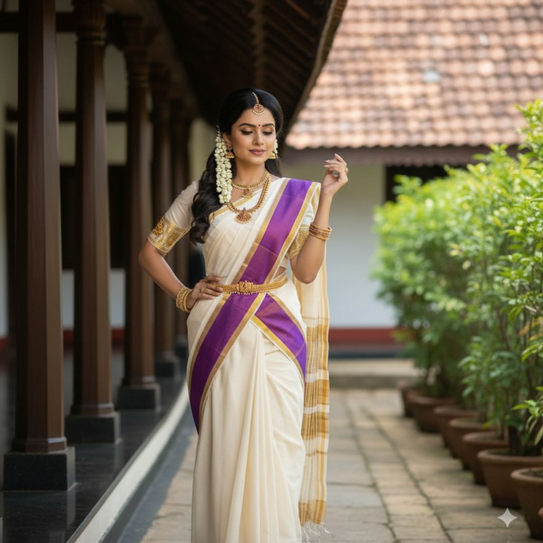 Kuthampully Set Mundu with Royal Purple and Gold Kasavu Border