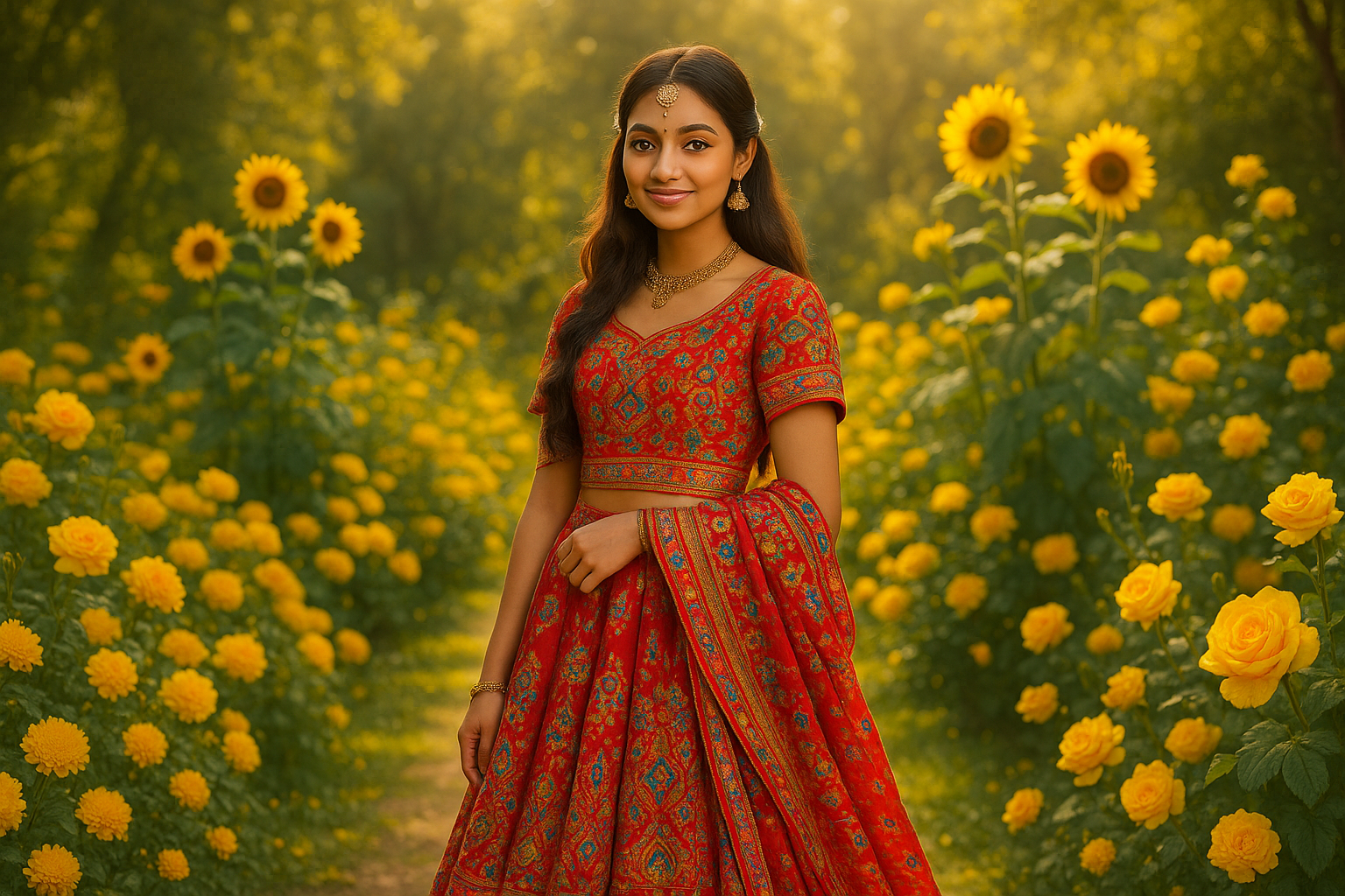 a 18 year old girl wearing indian dress in a yellow flower garden