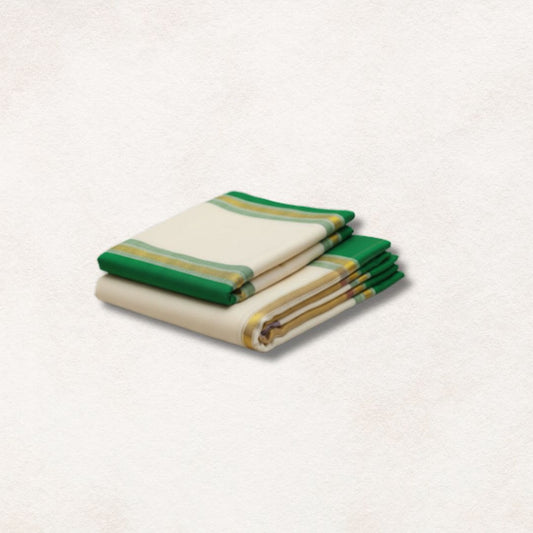 Elegant Kuthampully Set Mundu with Green and Gold Border