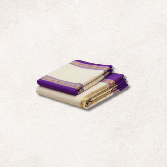 Kuthampully Set Mundu with Royal Purple and Gold Kasavu Border