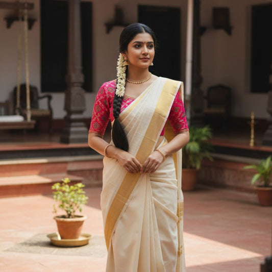 Traditional Kuthampully Set Mundu with Gold Border
