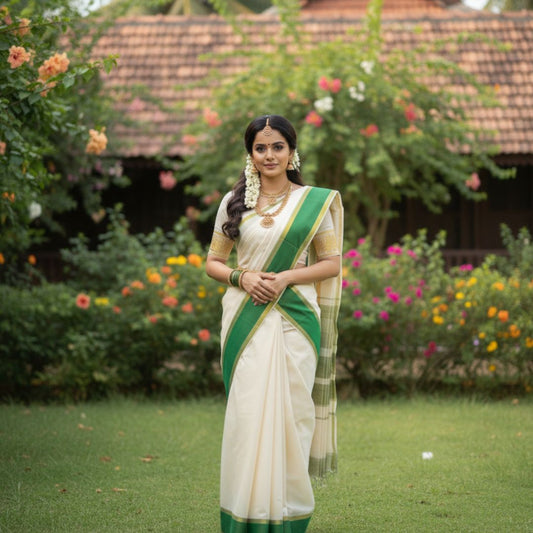 Elegant Kuthampully Set Mundu with Green and Gold Border
