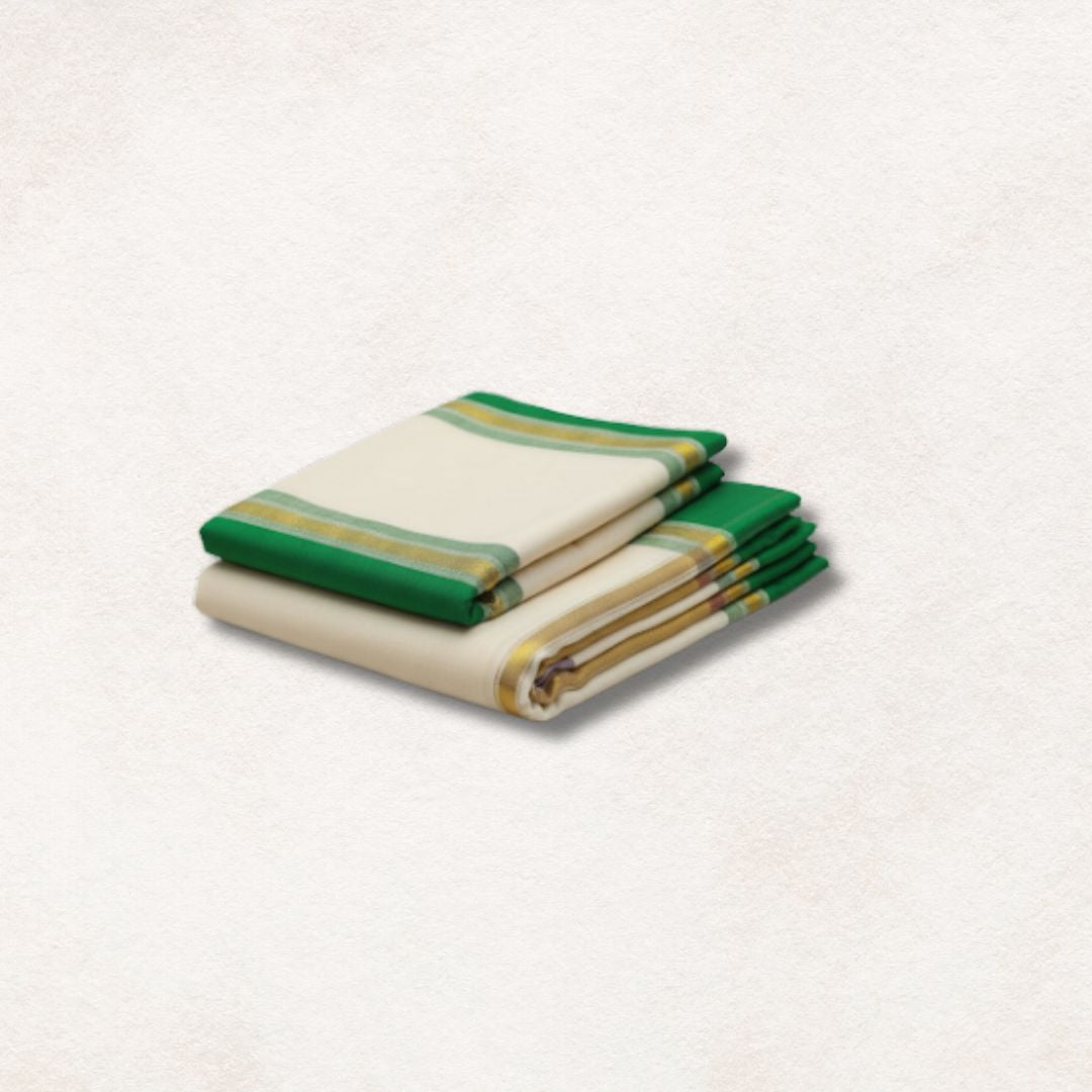 Elegant Kuthampully Set Mundu with Green and Gold Border